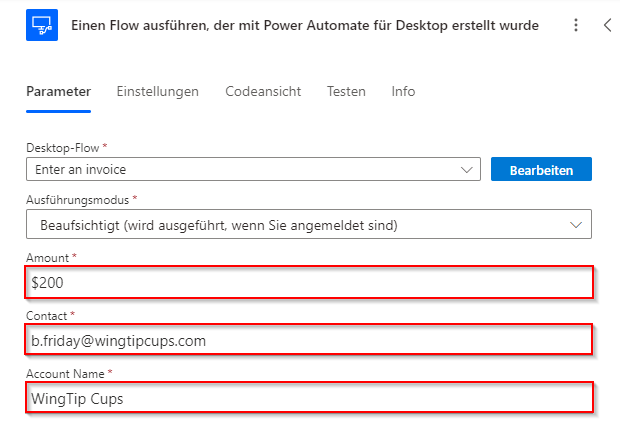 Screenshot der Beispiel-Eingabewerte