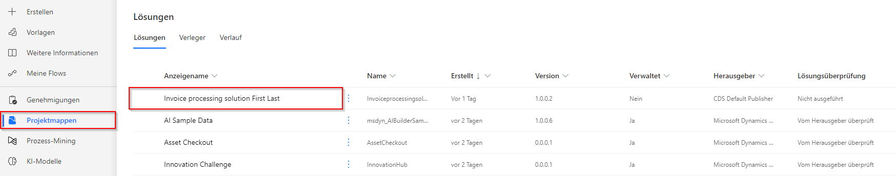 Screenshot der Lösungen