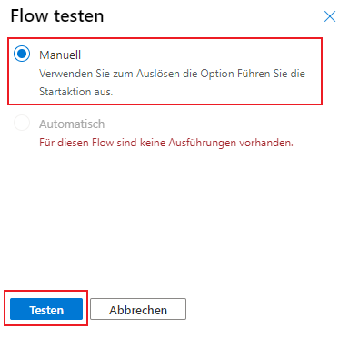 Screenshot des Dialogfelds „Flow testen“