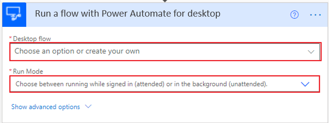 Screenshot der Dropdownmenüs „Desktop-Flow“ und „Ausführungsmodus“