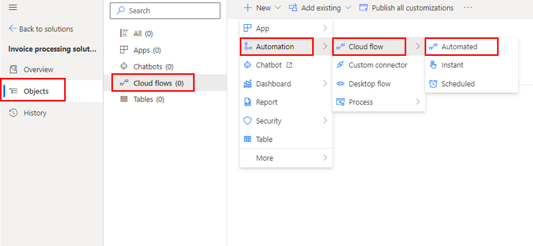 Screenshot des im neuen Menü ausgewählten Cloud-Flows
