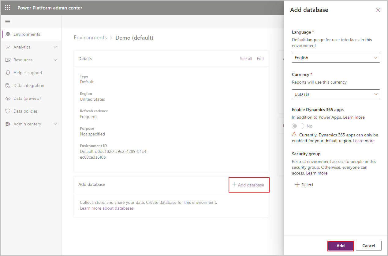 Screenshot der Schaltfläche „Datenbank hinzufügen“