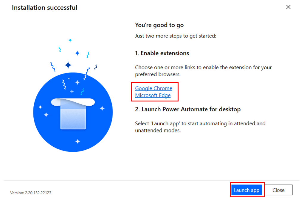 Screenshot der Nachricht „Installation erfolgreich“ mit der Schaltfläche „App starten“