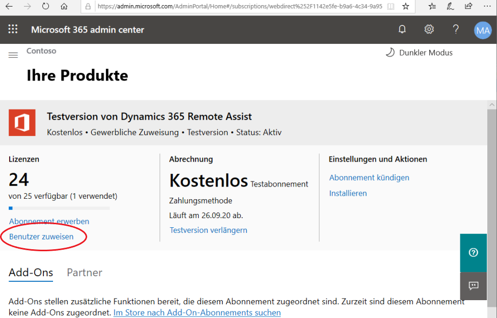 Screenshot der Schaltfläche „Benutzern zuweisen“