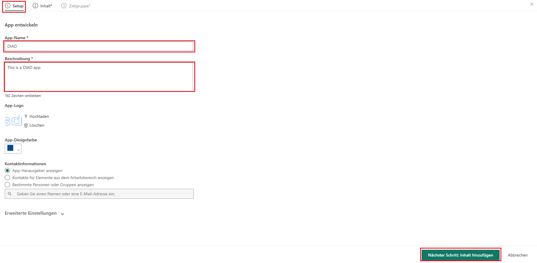 Ein Screenshot des Bildschirms „App erstellen“. Die Felder für App-Name und Beschreibung und die Schaltfläche „Weiter: Inhalt hinzufügen“ sind hervorgehoben.