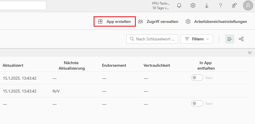 Screenshot des DIAD-Arbeitsbereichs und der Schaltfläche „App erstellen“