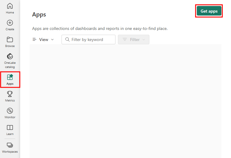 Screenshot der Seite „Power BI-Apps“. Die Schaltflächen „Apps abrufen“ und „Apps“ sind hervorgehoben.