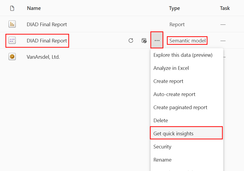 Screenshot der Option „Erkenntnisse abrufen“ für das DataSet im Arbeitsbereich.