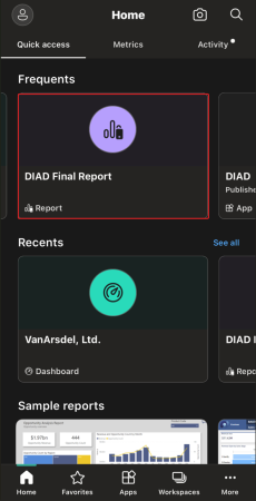 Ein Screenshot des Startbildschirms der mobilen Power BI-App mit Hervorhebung des DIAD Final Report