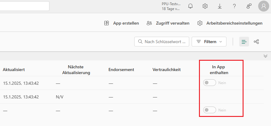 Ein Screenshot des DIAD-Arbeitsbereichs mit hervorgehobenen Dialogen „In App eingeschlossen“.