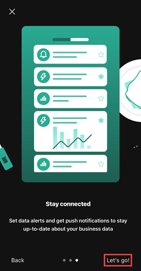 Ein Screenshot des letzten Bereichs der App-Tour durch die mobile Power BI-App mit Hervorhebung der Schaltfläche „Los geht's!“