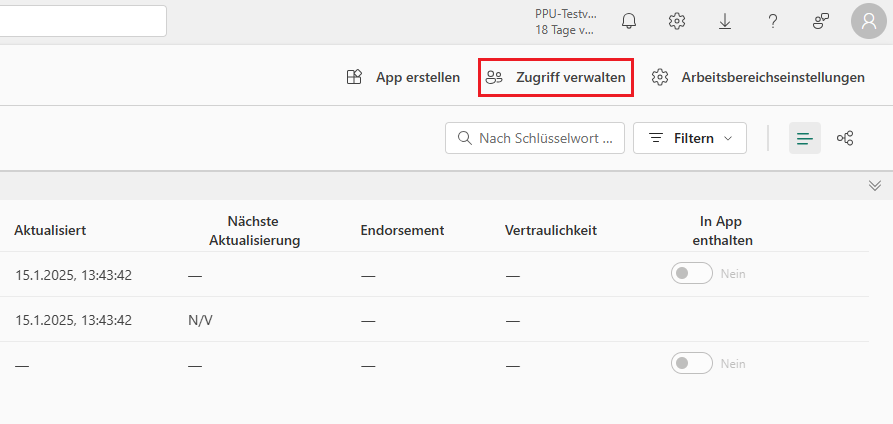 Screenshot des DIAD-Arbeitsbereichs. Die Schaltfläche „Zugriff verwalten“ ist hervorgehoben.
