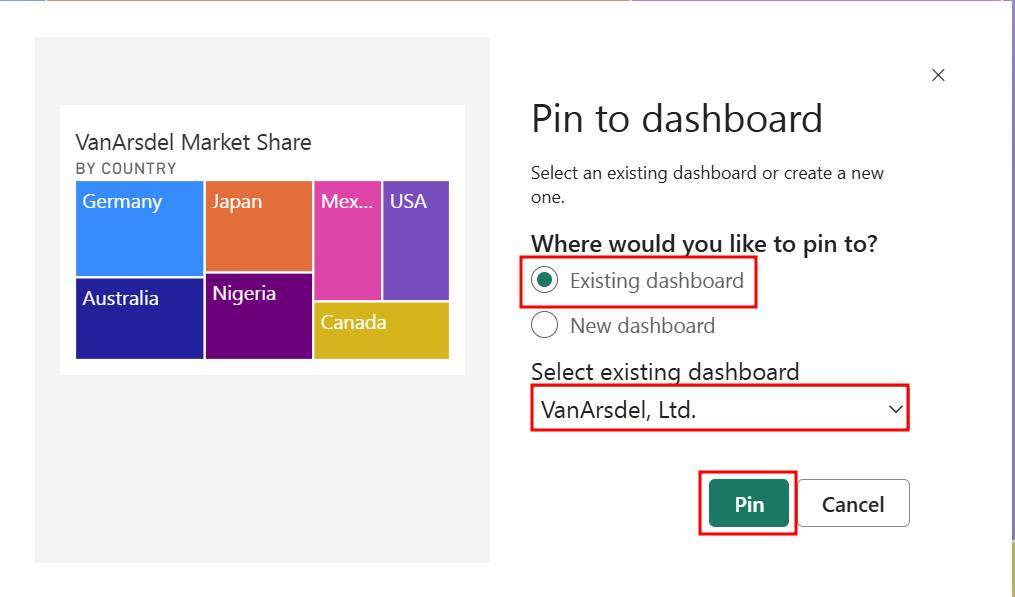 Screenshot des Visuals zum Marktanteil, das an das vorhandene Dashboard angeheftet wird.