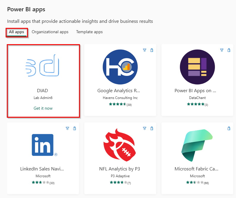 Screenshot des Dialogfelds „Power BI-Apps“. Die DIAD App ist hervorgehoben.