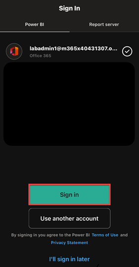 Ein Screenshot der Anmeldeseite für die mobile Power BI-App, mit Hervorhebung der Schaltfläche „Anmelden“.