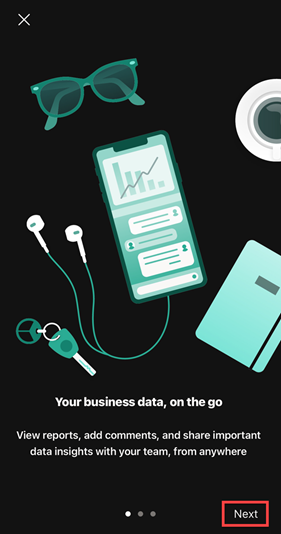 Ein Screenshot des ersten Bereichs der App-Tour durch die mobile Power BI-App mit Hervorhebung der Schaltfläche „Weiter“
