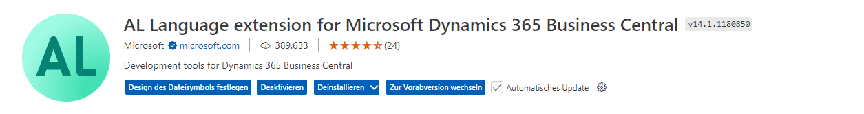 Screenshot der AL-Spracherweiterung für Microsoft Dynamics 365 Business Central auf einer regulären Version.