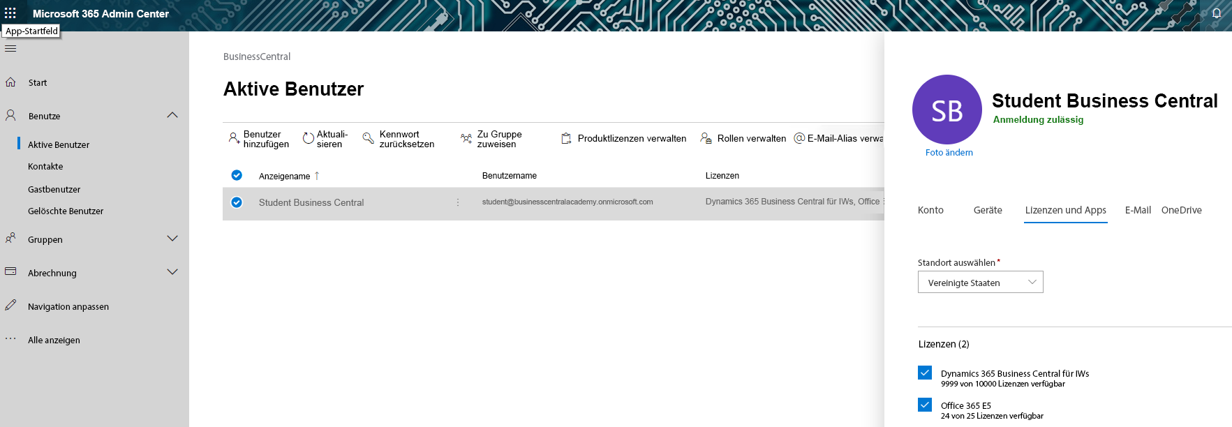 Screenshot des Admin Center mit Microsoft 365-Authentifizierung