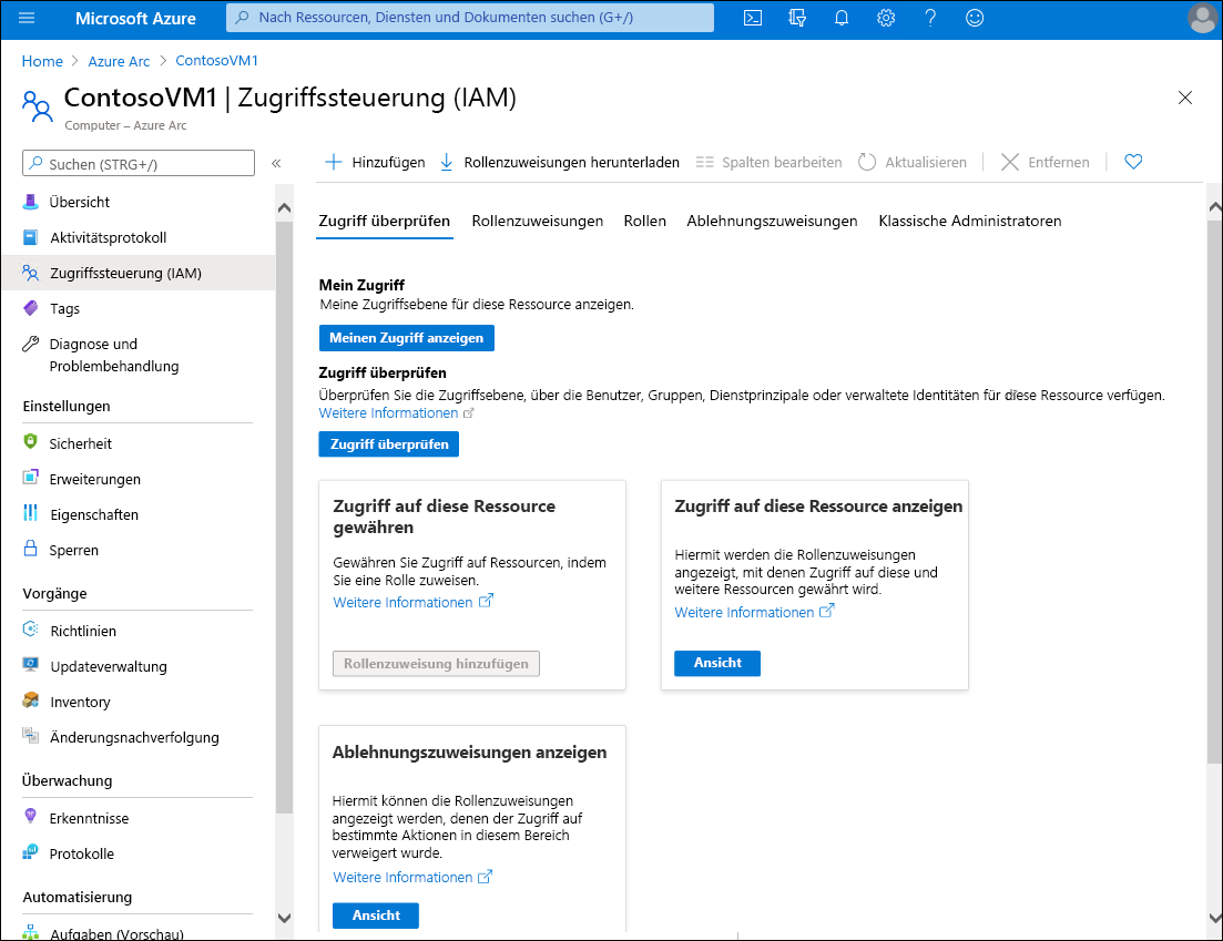 Screenshot of the Access control (IAM) page in the Azure portal for the selected VM: ContosoVM1. The details pane displays a number of tabs: Check access (selected), Role assignments, Deny assignments, Classic administrators, and Roles.