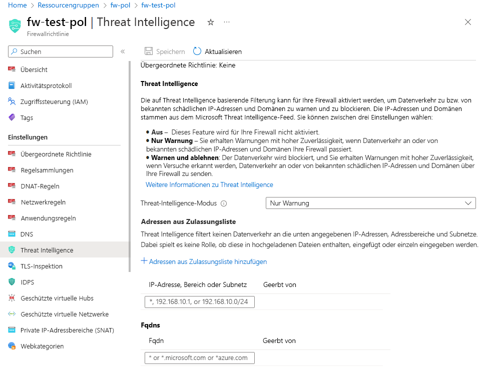 Screenshot: Threat-Intelligence-Einstellungen im Azure-Portal in einer Firewallrichtlinie namens „ContosoFirewallPolicy“