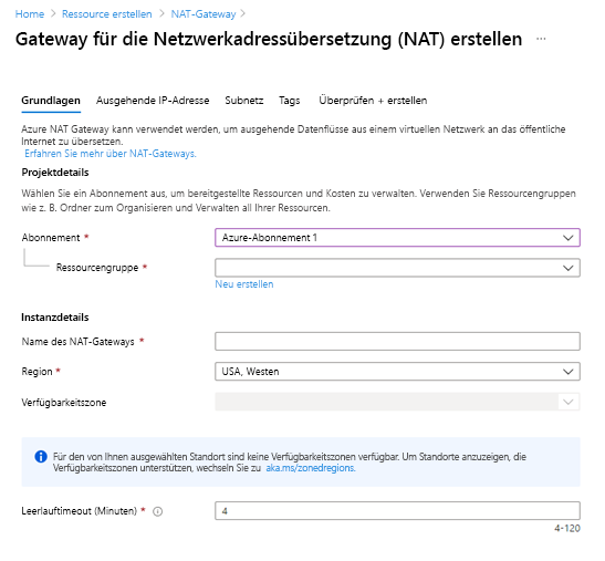 Screenshot of the Create network address translation (NAT) gateway window.