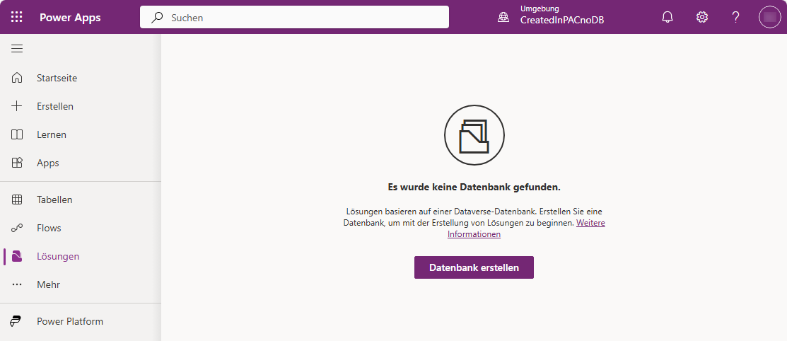 Screenshot des Erstellens einer Datenbank aus dem Tabellenbereich in Power Apps