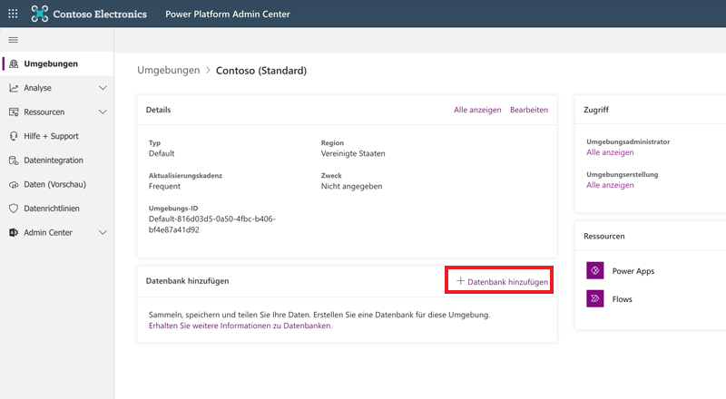 Screenshot des Hinzufügens einer Datenbank im Power Platform Admin Center