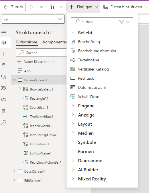 Screenshot der Liste „Steuerelementtyp“