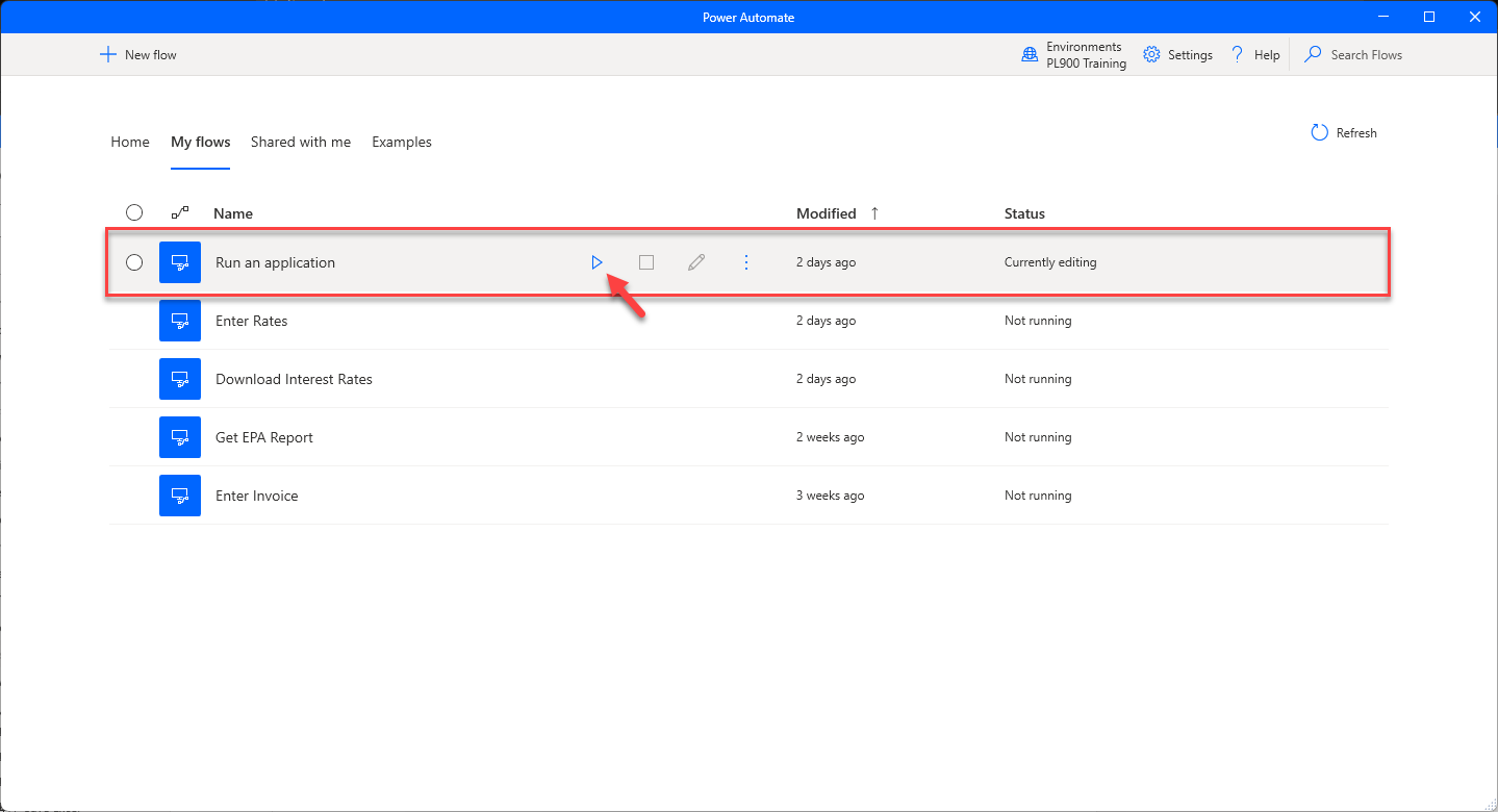 Screenshot der manuellen Ausführung eines Desktop-Flows