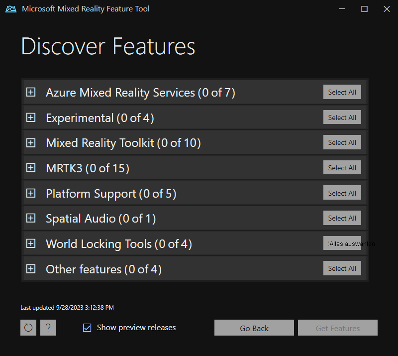 Screenshot of the main groups of packages in the Mixed Reality Feature Tool.