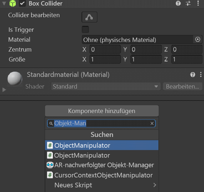 Screenshot of adding the Object Manipulator script.