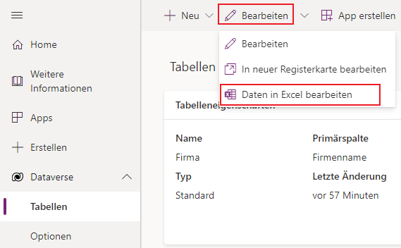 Ansicht der Befehlsleiste mit hervorgehobenen „Bearbeiten“ und „Daten in Excel bearbeiten“