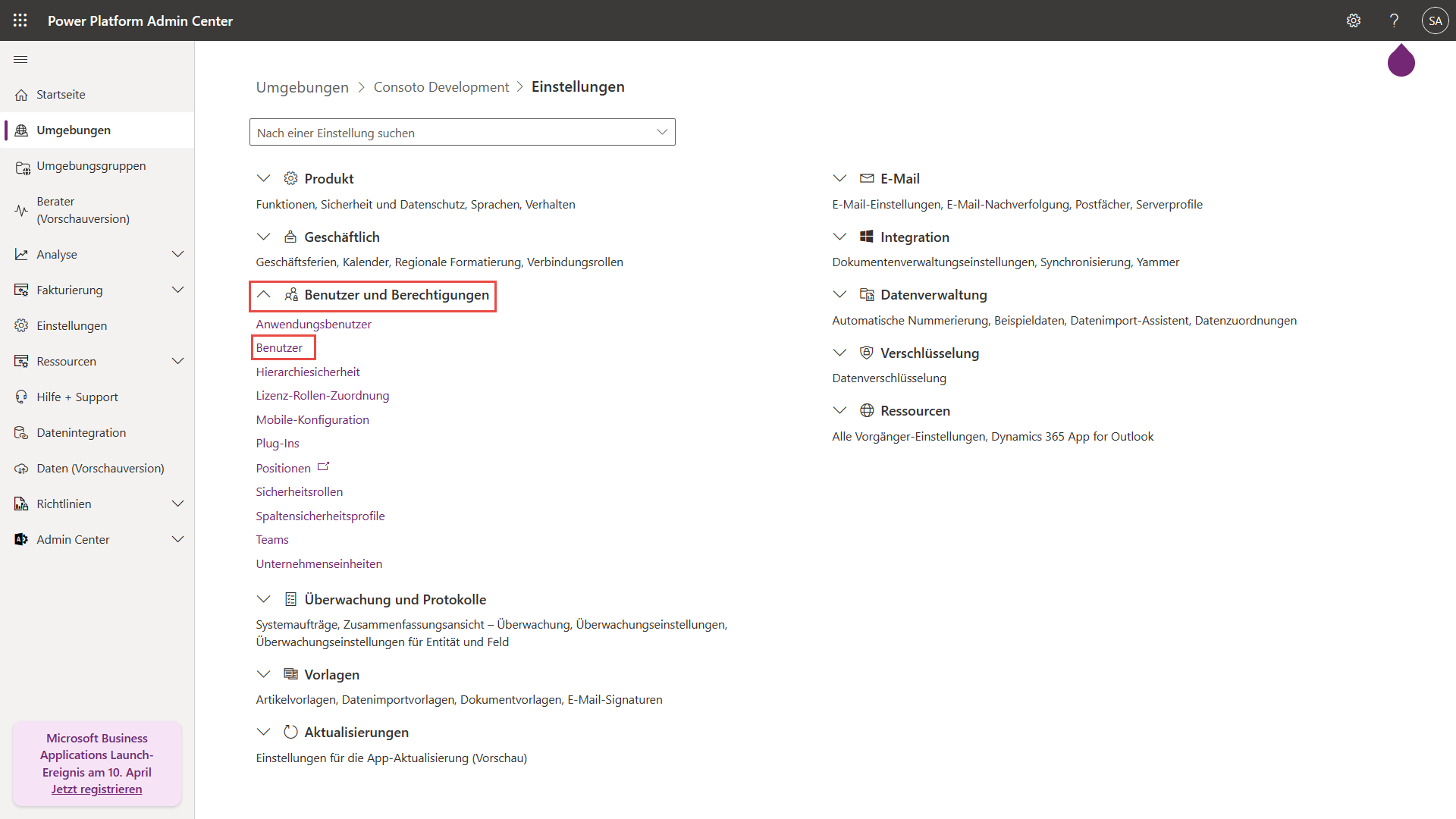 Screenshot der Einstellungen