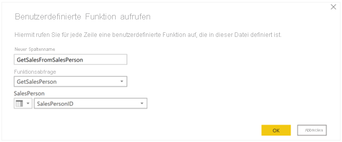 Fenster „Benutzerdefinierte Funktion aufrufen“