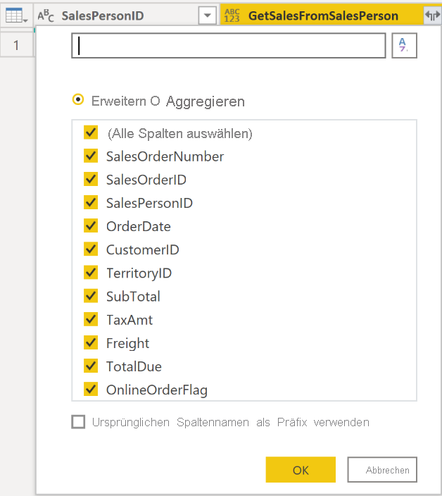 Spalten für Funktion auswählen