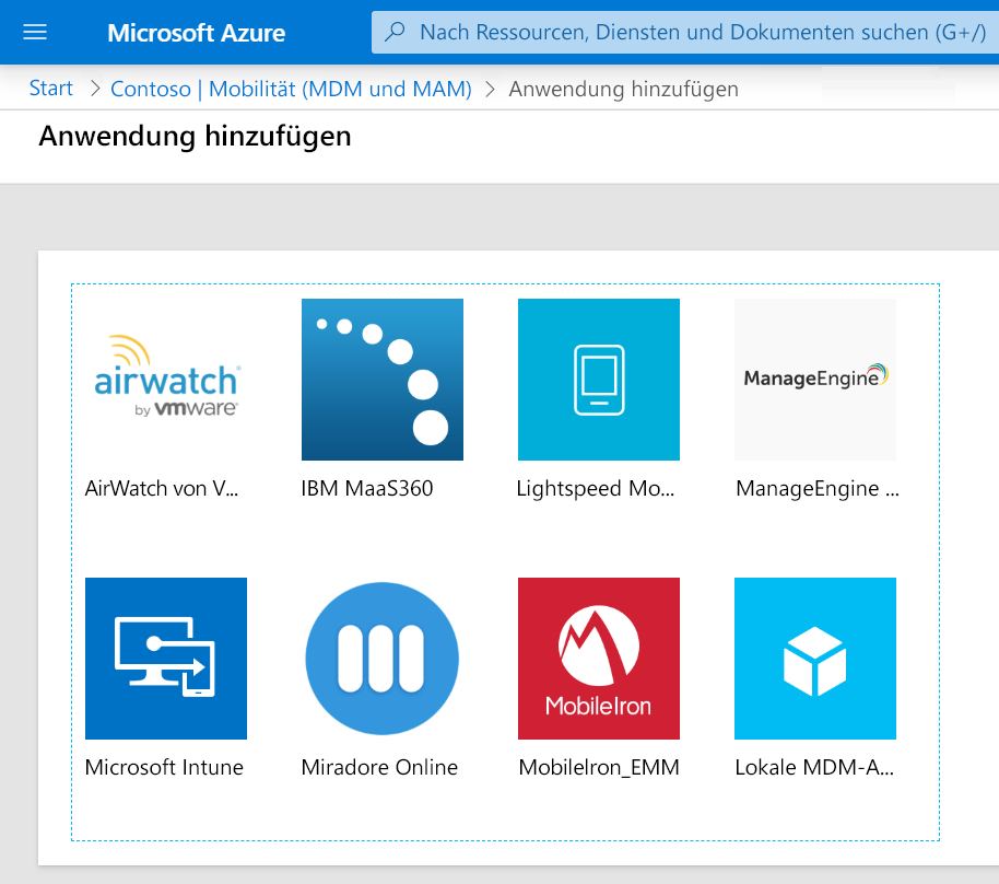 Screenshot that shows mobility applications you can add, like Microsoft Intune.