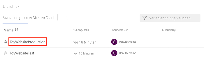 Screenshot of Azure DevOps showing the list of variable groups, with the ToyWebsiteProduction variable group highlighted.