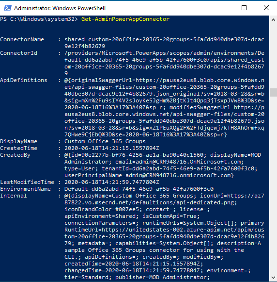 Screenshot von Windows PowerShell mit benutzerdefinierten Mandanten-Konnektoren