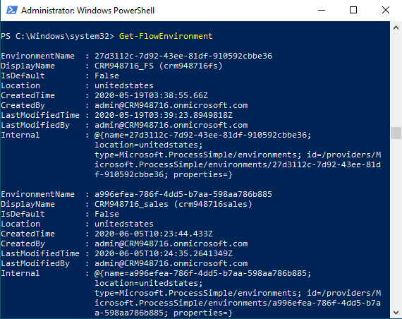 Screenshot von Windows PowerShell mit benutzerdefinierten Mandantenumgebungen