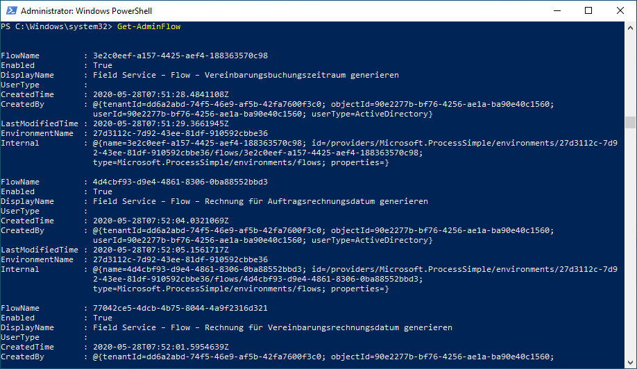 Screenshot von Windows PowerShell mit einer Liste aller Flows