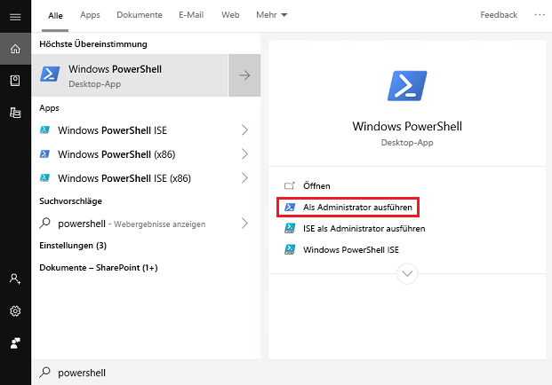 Screenshot des Windows-Startmenü mit der Suche nach Powershell mit hervorgehobener Option „Als Administrator ausführen“