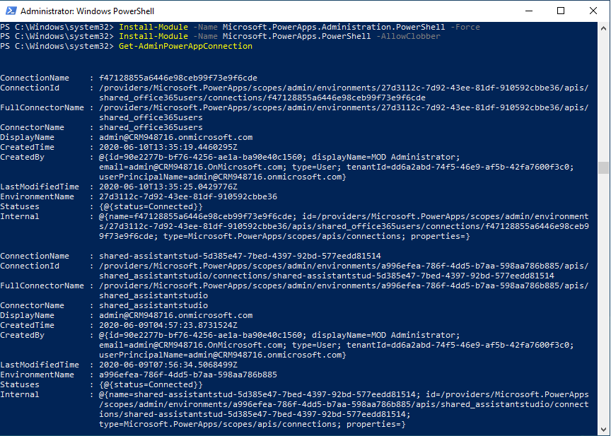 Screenshot von Windows PowerShell mit den zurückgegebenen Daten
