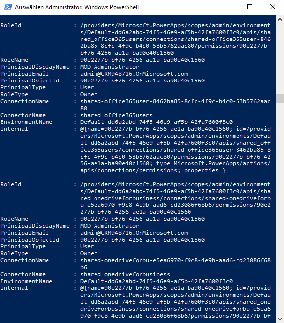 Screenshot von Windows PowerShell mit den Besitzern der Rollenzuweisung