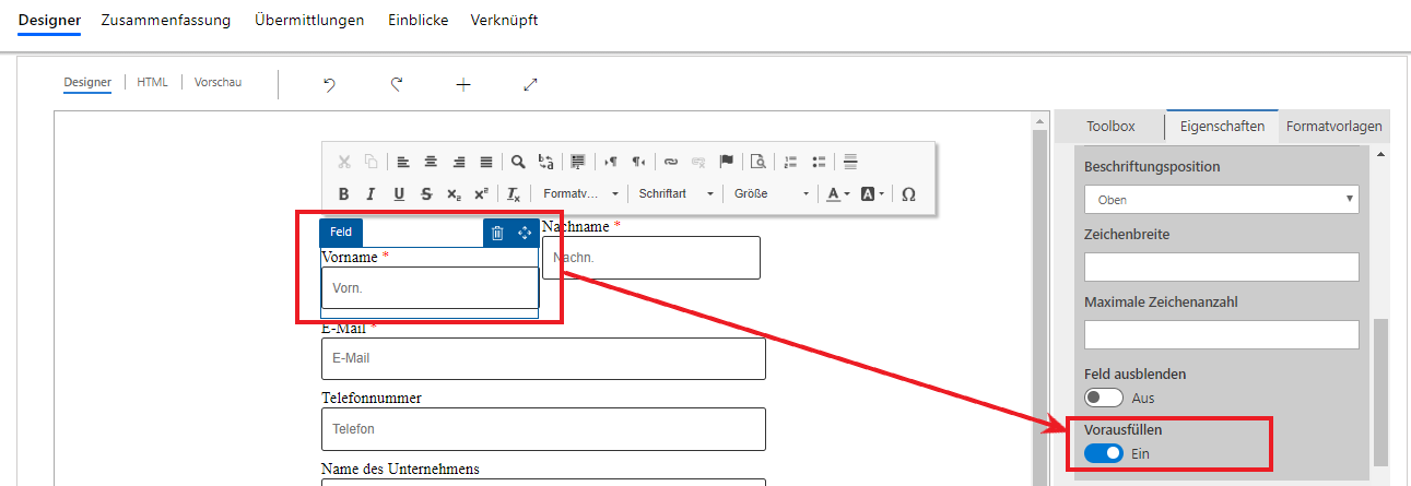 Screenshot zu „Vorausfüllen für Marketingformularfeld aktivieren“