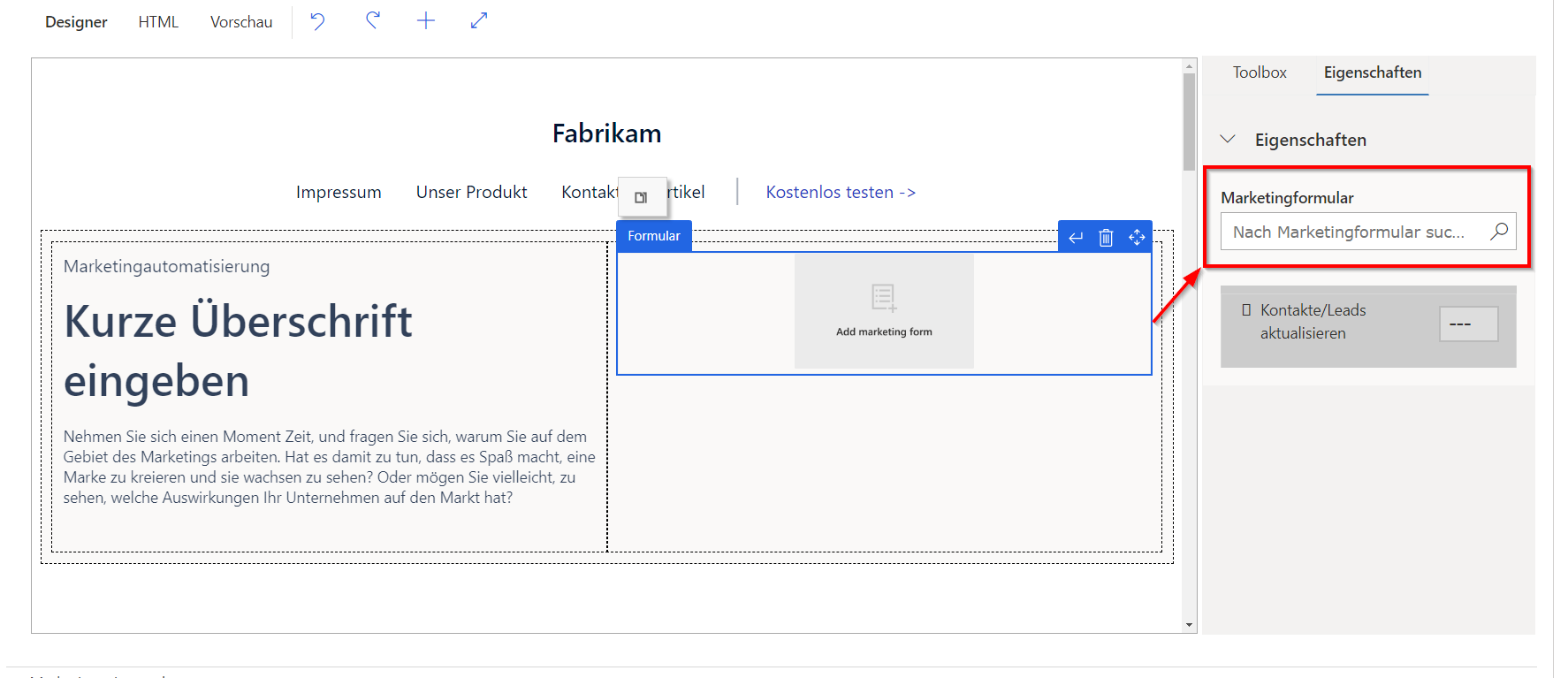 Screenshot für das Hinzufügen eines Marketingformulars zu einer Seite.