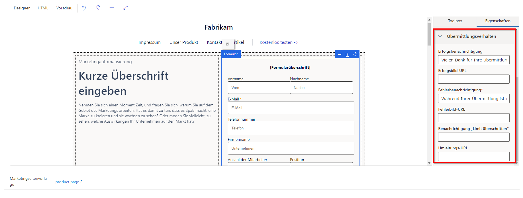 Screenshot der Einstellungen für Marketingformularübermittlungen.