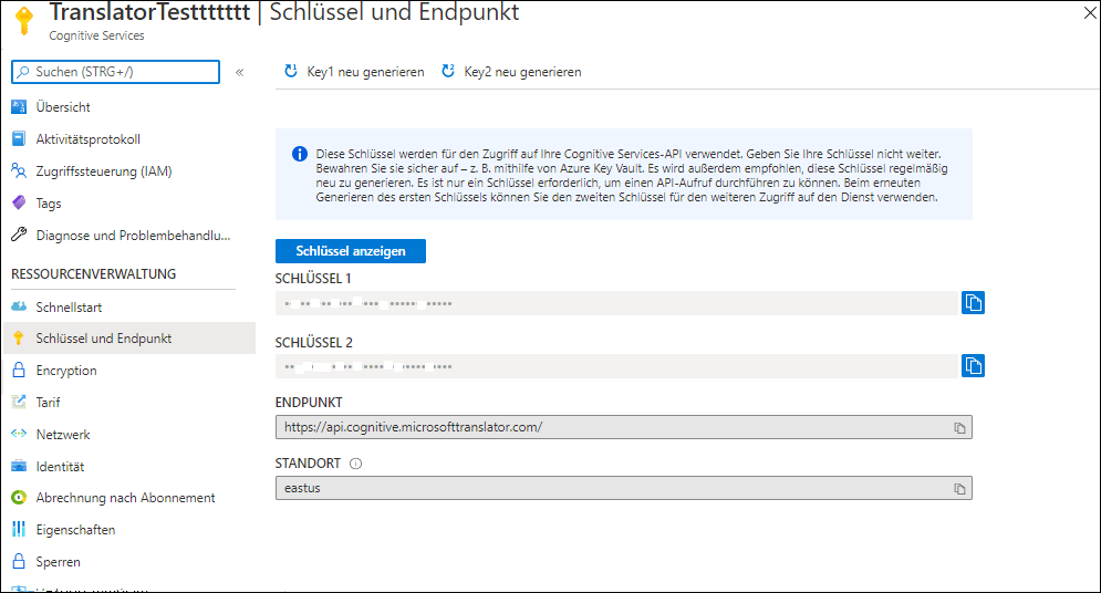 Screenshot der Übersetzertasten und Endpunktseite