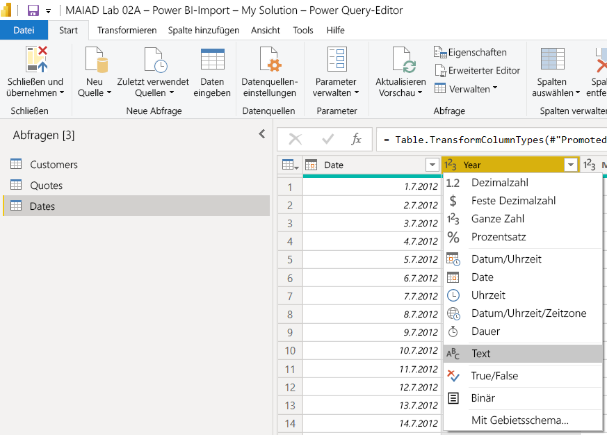 Screenshot: Power Query-Editor mit der Tabelle „Dates“ und dem Spaltendatentyp Year.