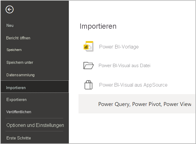 Screenshot des Menüs „Importieren“, wobei „Power Query, Power Pivot, Power View“ ausgewählt ist.