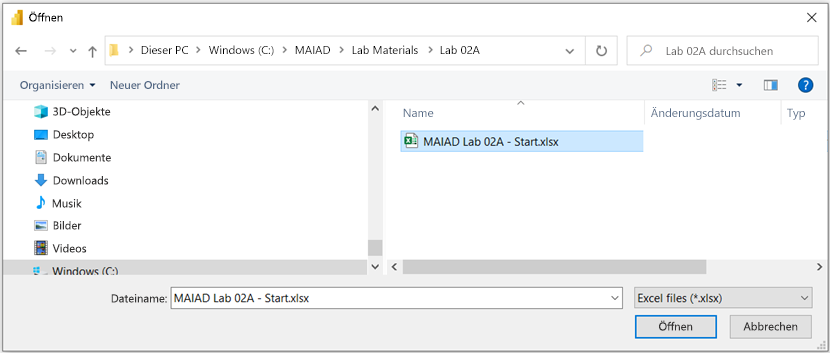 Screenshot der Datei „MAIAD Lab 02 - Start.xlsx“ im Explorer
